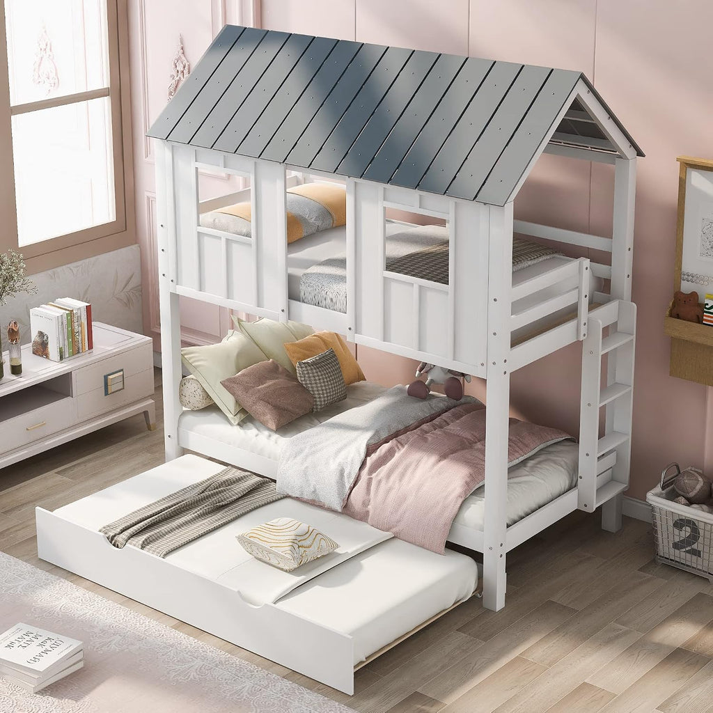 Polibi Twin-Over-Twin House Bunk Bed with Trundle, Twin Size Wooden House Bunk Bed with Roof, Windows, Ladder and Guardrails
