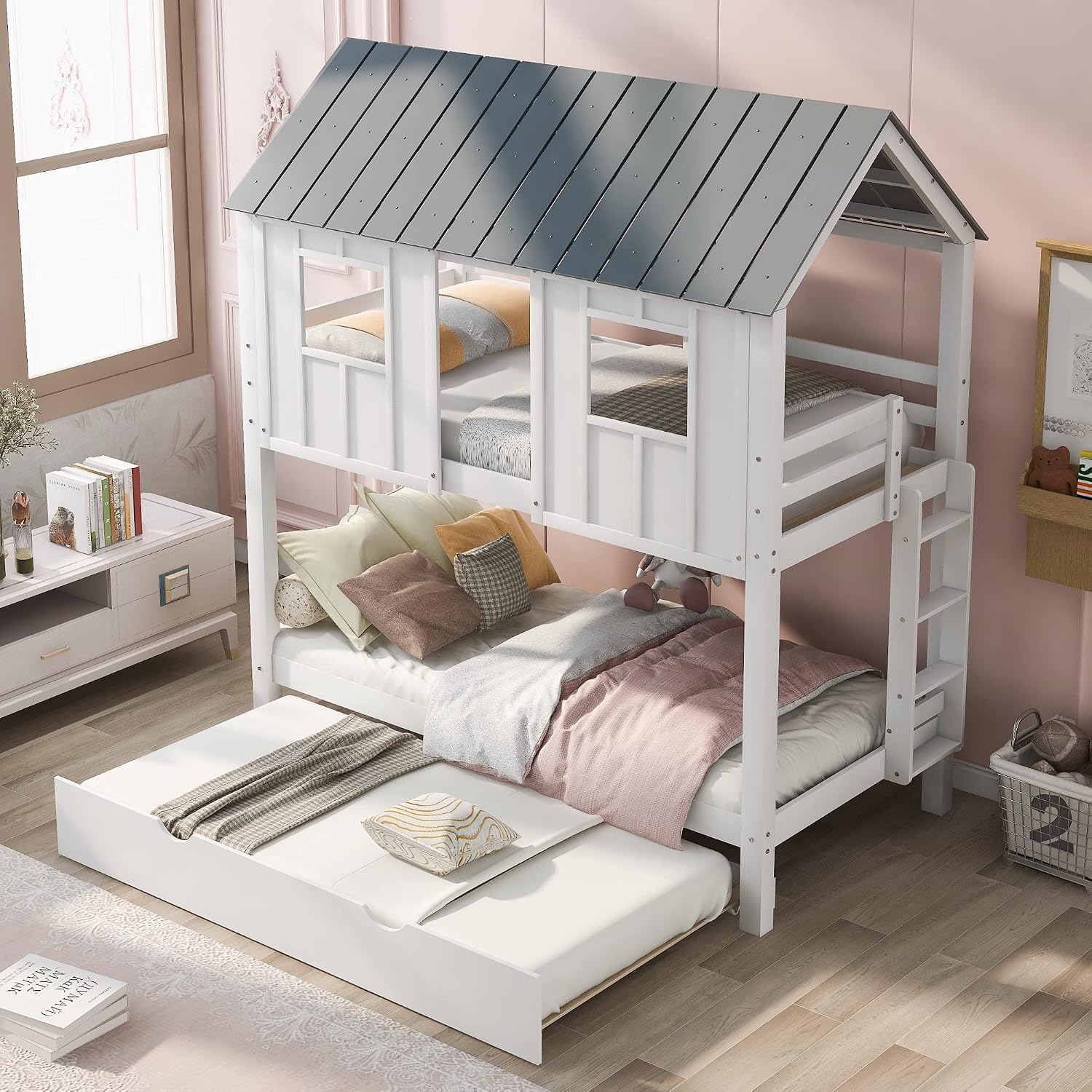 Polibi Twin-Over-Twin House Bunk Bed with Trundle, Twin Size Wooden House Bunk Bed with Roof, Windows, Ladder and Guardrails