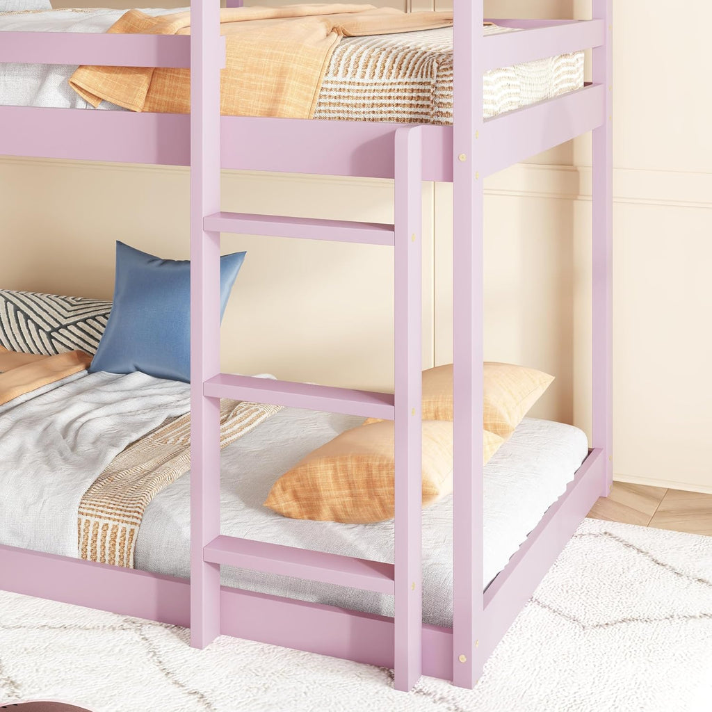 Bellemave Twin Over Twin Bunk Bed, Wooden House Bunk Bed with Ladder and Guardrails for Bedroom, Dormitory, Suit for Kids, Teens, Juniors, No Box Spring Needed, Pink