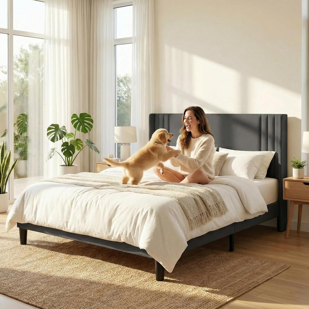 Gizoon Queen Bed Frame with Wingback Headboard, Upholstered Platform Bed with Modern Geometric Headboard, Wooden Slats, Noise-Free, No Box Spring Needed