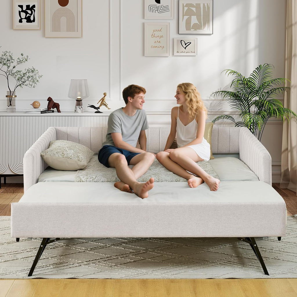 Twin to King Daybed with Trundle, USB Ports Soft Upholstered Daybed with Pop Up Trundle Bed Twin , Modern Extendable Day Bed Frame for Kids Bedroom Living Room Guest Room Small Places Linen White