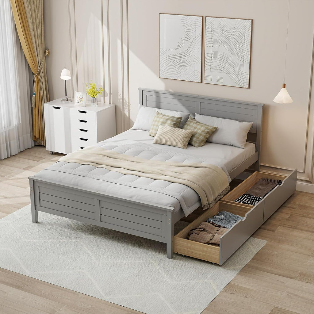 Giantex Wood Full Size Bed Frame with 2 Storage Drawers, Solid Wood Platform Bed with Headboard, Wooden Slats Mattress Foundation, No Spring Needed, Full Bed Frame for Kids, Teens, Adults, Grey