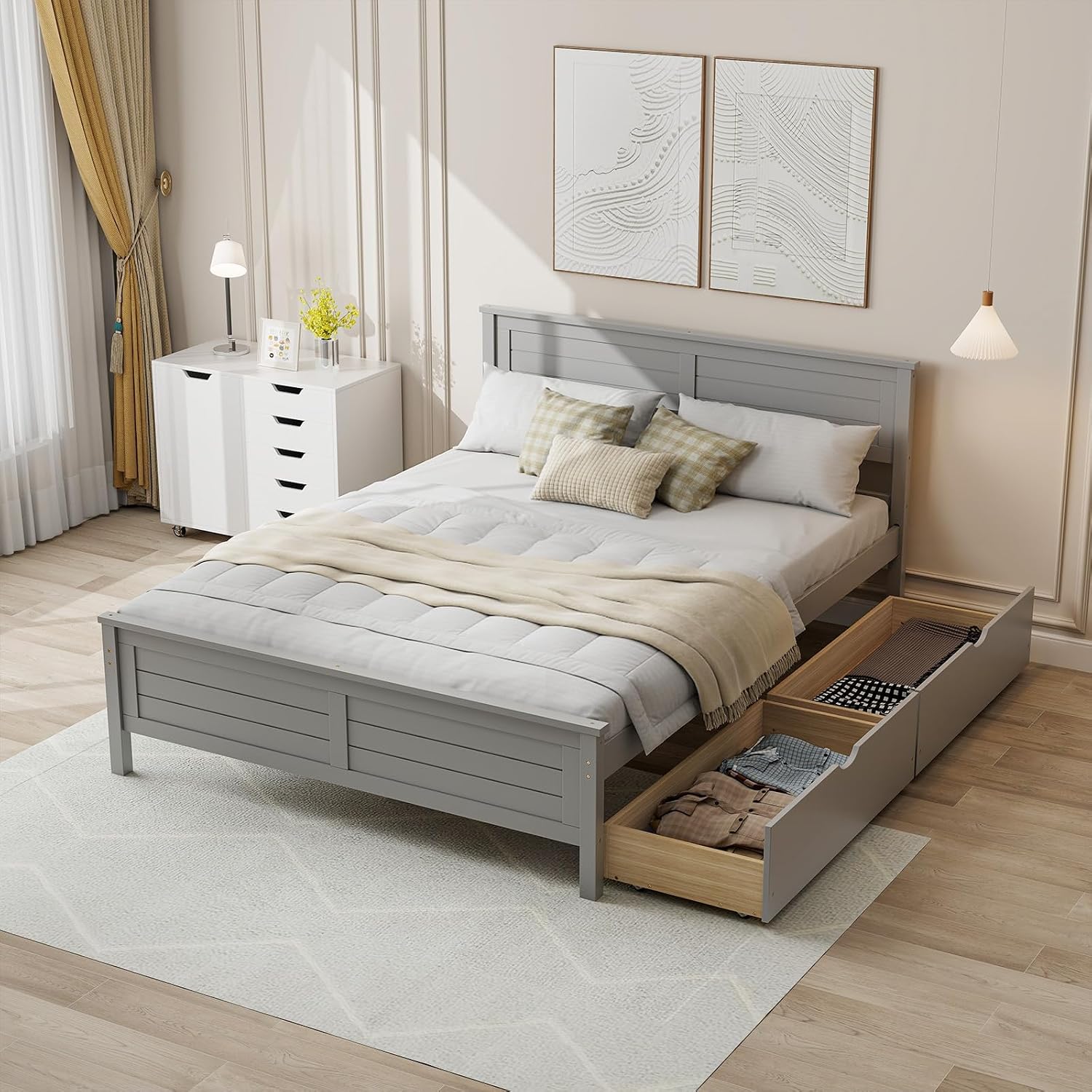 Giantex Wood Full Size Bed Frame with 2 Storage Drawers, Solid Wood Platform Bed with Headboard, Wooden Slats Mattress Foundation, No Spring Needed, Full Bed Frame for Kids, Teens, Adults, Grey