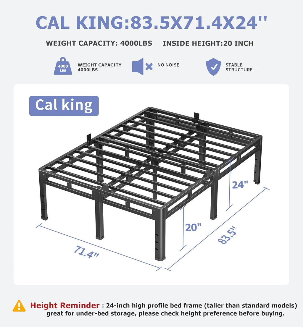 NKZ California King Size Bed Frame 24 Inch, Metal Bed Frame & Box Spring 2 in 1 Platform with Round Corner Legs, 4000Lbs Heavy Duty Tall Metal Frame, Headboard Hole, Noise-Free, Easy Assembly