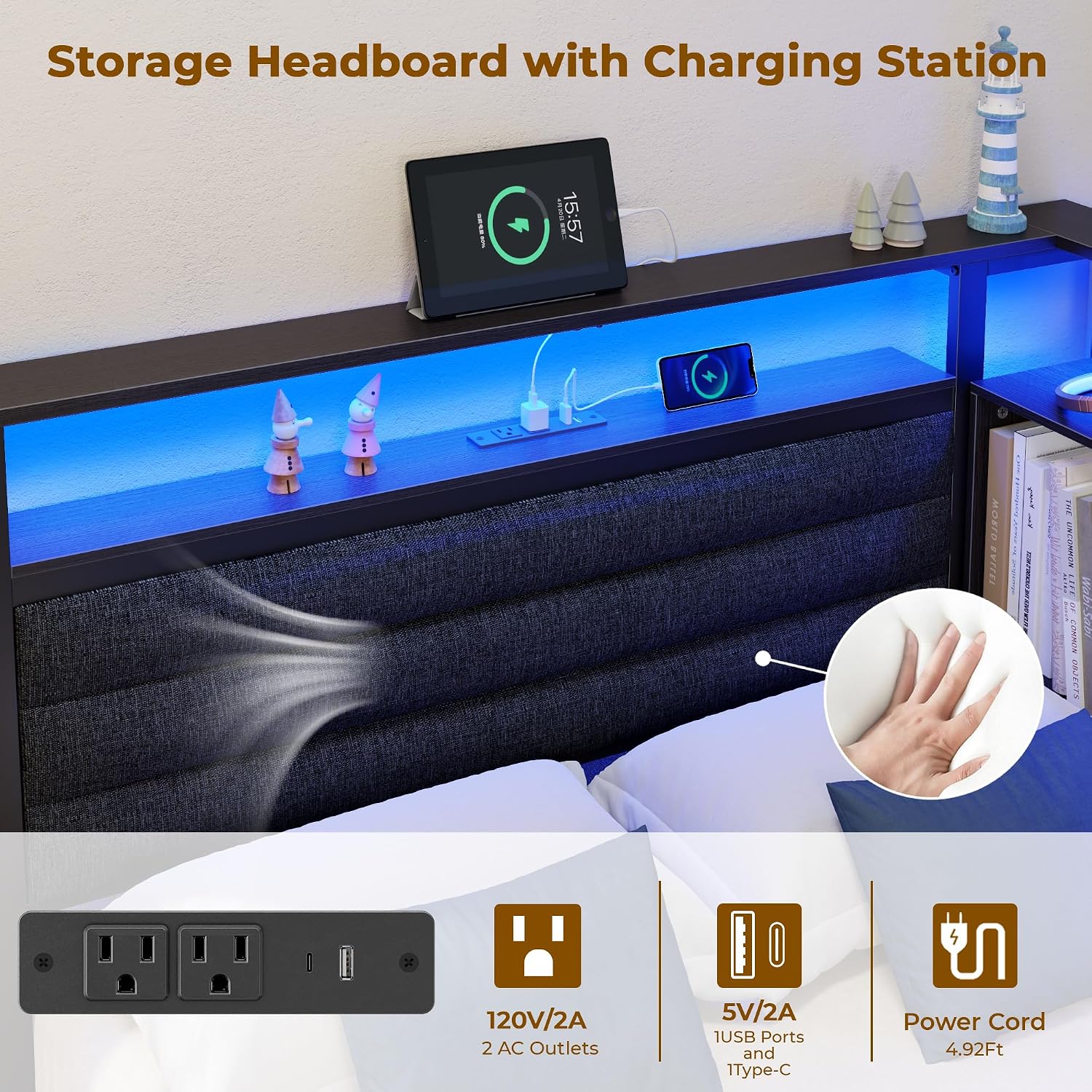 OURPIC Corner Bed Frame with Storage Bookcase and LED Lights, Twin Size Bed Frames with Upholstered Headboard and Charging Station, Twin Daybed with 3 Storage Drawers, Black