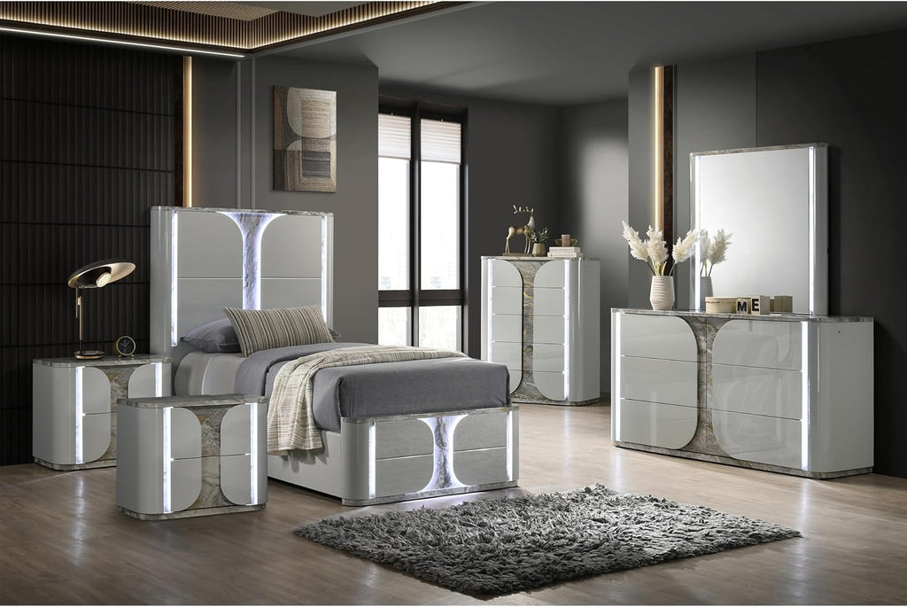 Furniture of America Bruna Modern Wood 6-Piece Bedroom Set with Touch-Control LED Bed, Felt-Lined Top Drawer on Nightstands, Chest and Dresser with Mirror, No Box Spring Needed, Twin, Light Gray