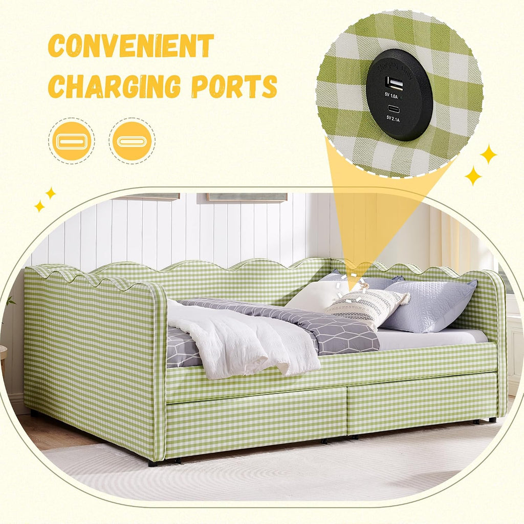 DEINPPA Queen Size Upholstered Daybed with 2 Storage Drawers, Gingham Daybed with USB Ports for Bedroom Living Room Guest Room-Green