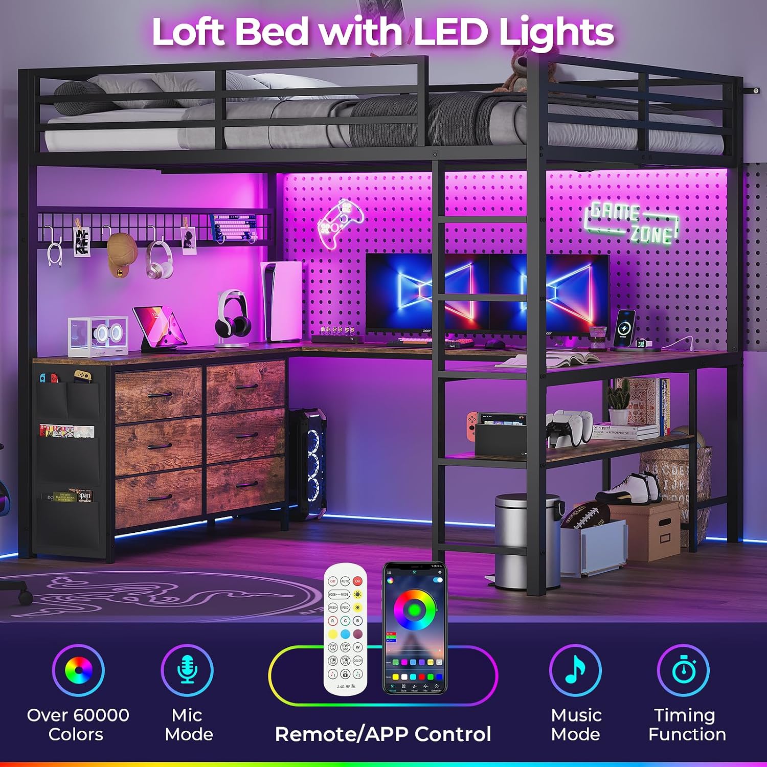 ADORNEVE Loft Bed Full Size with U-Shaped Desk, 6 Storage Drawers, Power Outlet, LED Metal Loft Bed with 2 Storage Shelves, Bed with Safety Guardrail & Ladders, No Box Spring Needed, Rustic Brown