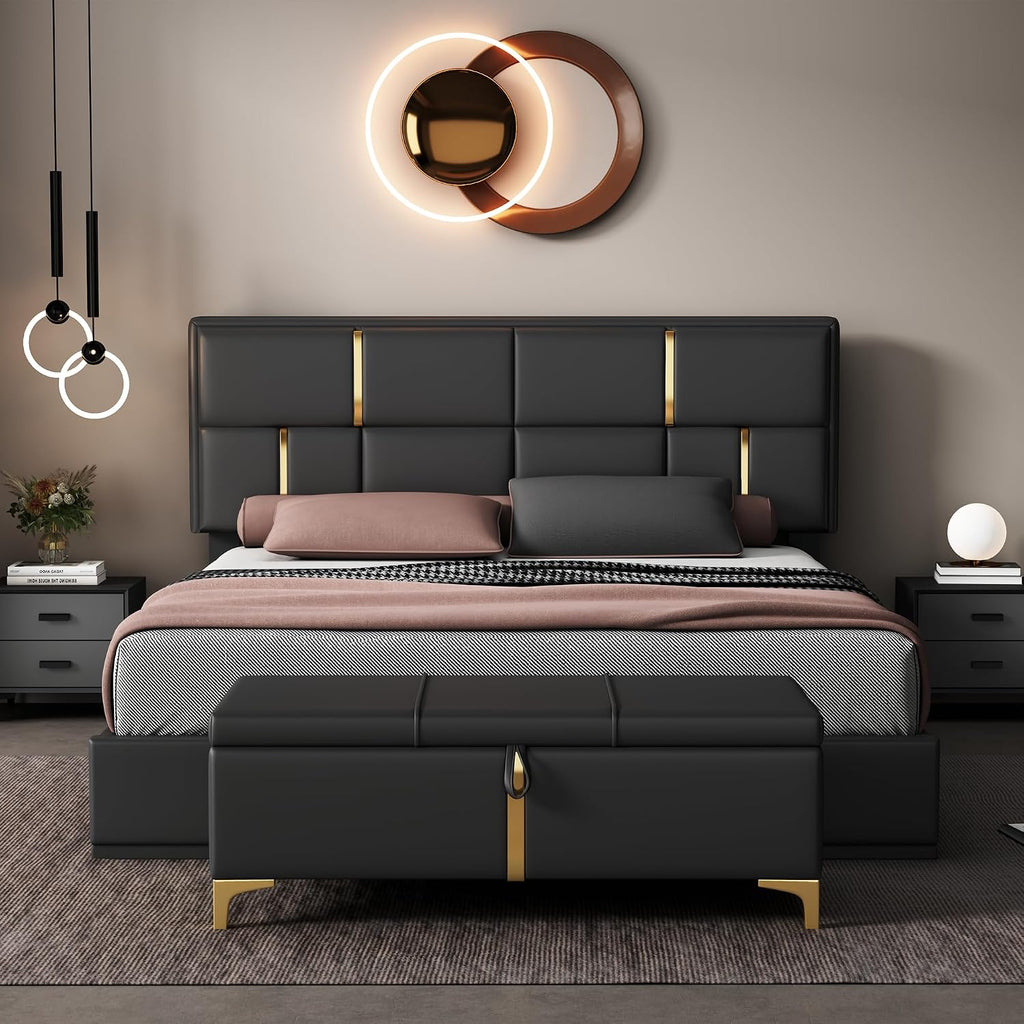 Upholstered Bedroom Furniture Set with Ottoman, Queen Upholstered Platform Bed with Hydraulic Storage System and Storage Ottoman, 2 Piece Bedroom Furniture Set Queen Size, Black