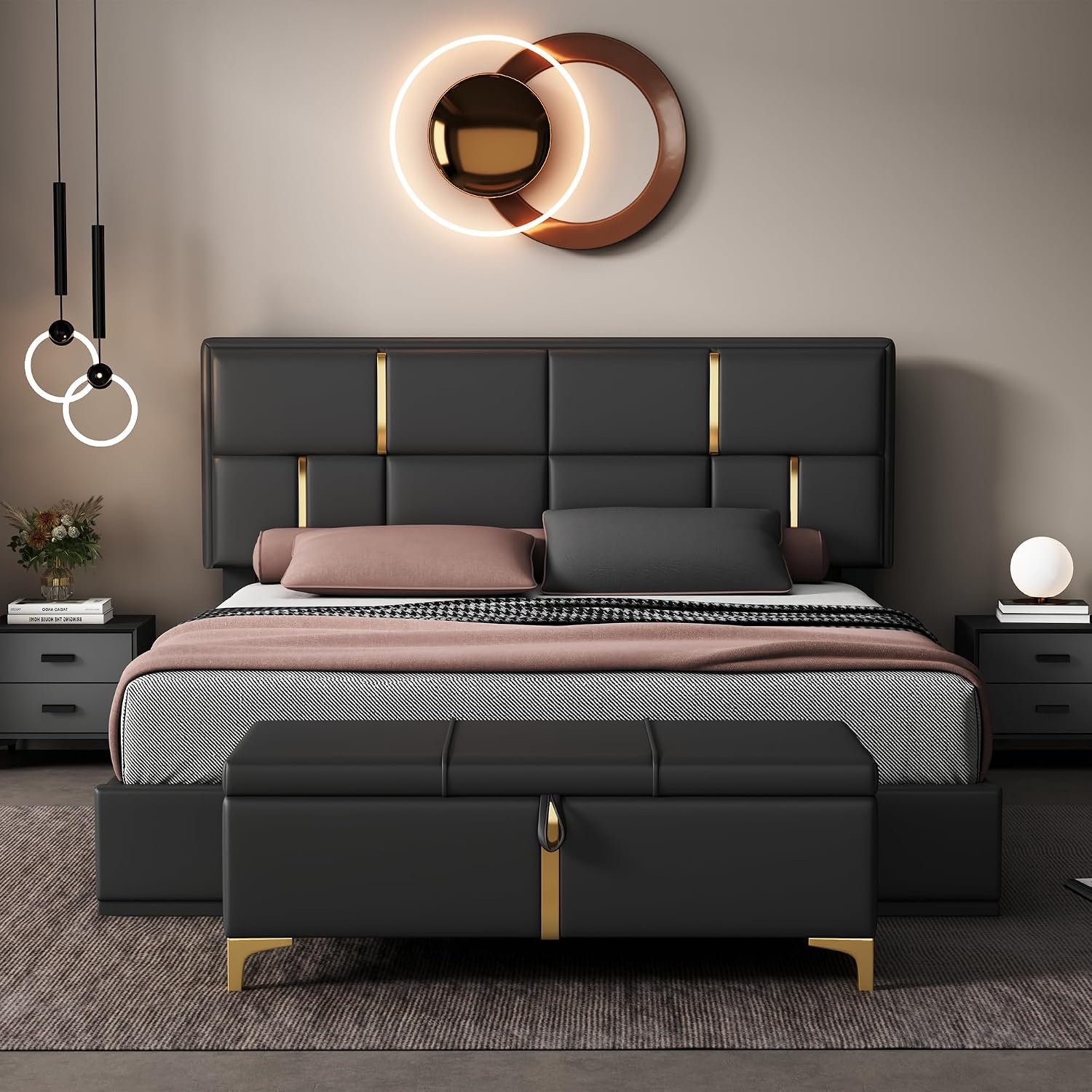 Upholstered Bedroom Furniture Set with Ottoman, Queen Upholstered Platform Bed with Hydraulic Storage System and Storage Ottoman, 2 Piece Bedroom Furniture Set Queen Size, Black