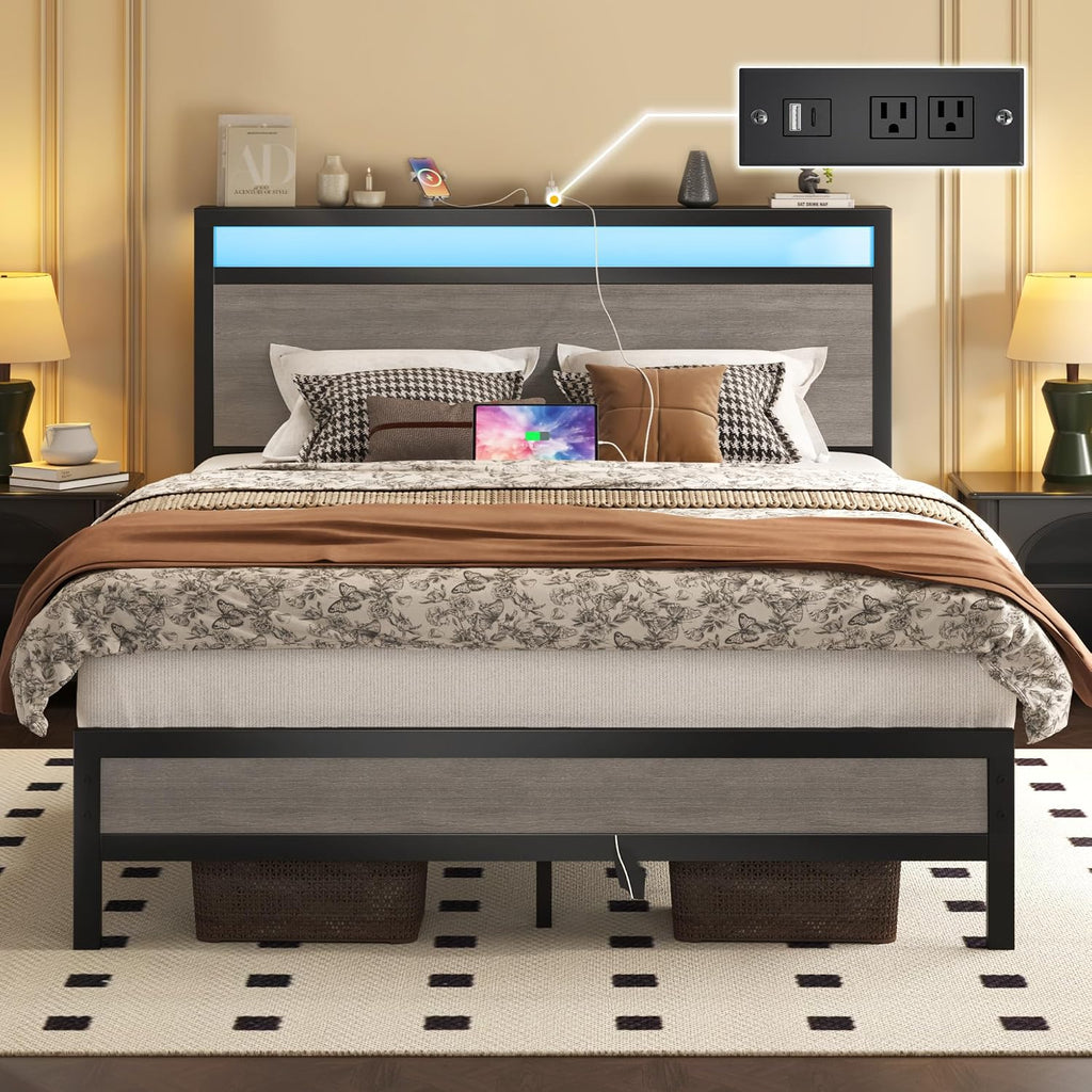 Fluest Full Bed Frame with Headboard & Footboard, Full Bed Frame with Built-in Charging Station & LED Light, Storage Shelf, Noise-Free, No Box Spring Needed, Easy Assembly, Rustic Grey