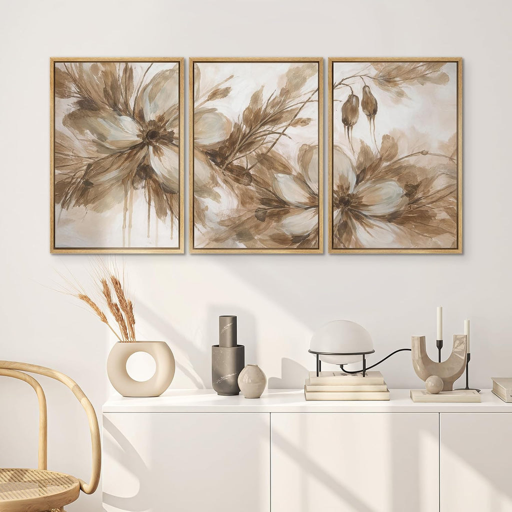 SIGNWIN Framed Canvas Print Wall Art Set Neutral Botanical Flowers Sepia Tone Floral Illustrations Modern Art Decorative Scenic Rustic for Living Room, Bedroom, Office - 16'x24'x3 Natural