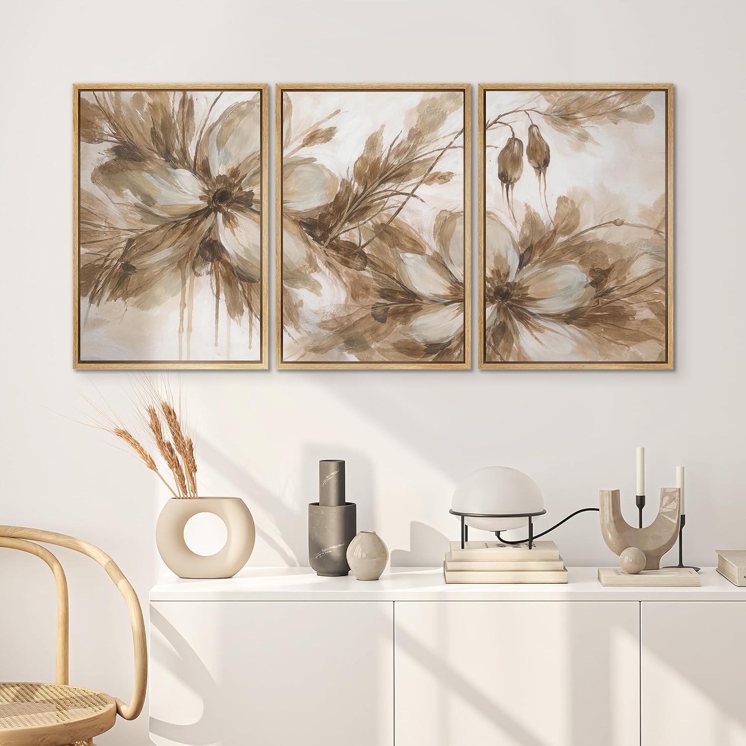 SIGNWIN Framed Canvas Print Wall Art Set Neutral Botanical Flowers Sepia Tone Floral Illustrations Modern Art Decorative Scenic Rustic for Living Room, Bedroom, Office - 16'x24'x3 Natural