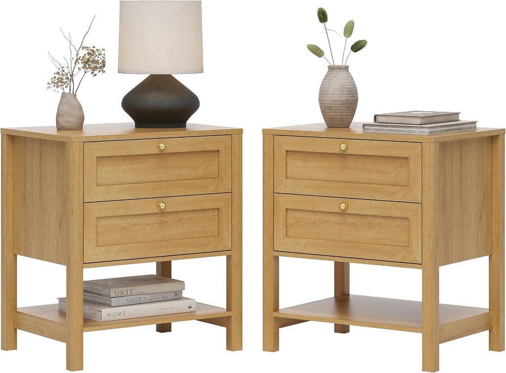EYYTHUNG Farmhouse Nightstand Set of 2 with Drawers, 24.4' Tall Modern Wood Bedside Table with Open Shelf, Large End Table for Bedroom, Natural Oak