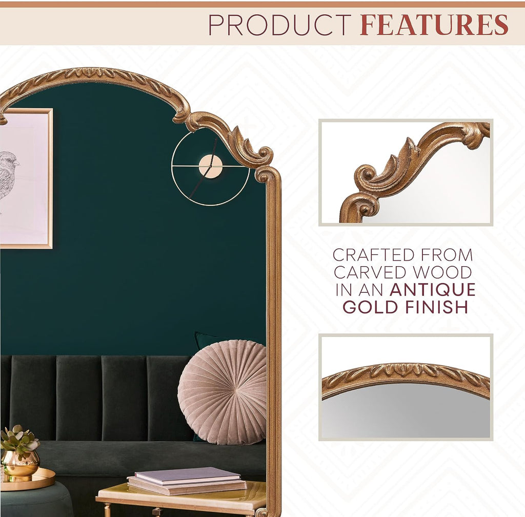 Wylde Iris English Estate Carved Arch Wood Wall Mirror, Mirror for Entryway, Living Room, Bathroom, Antique Gold, 22x30