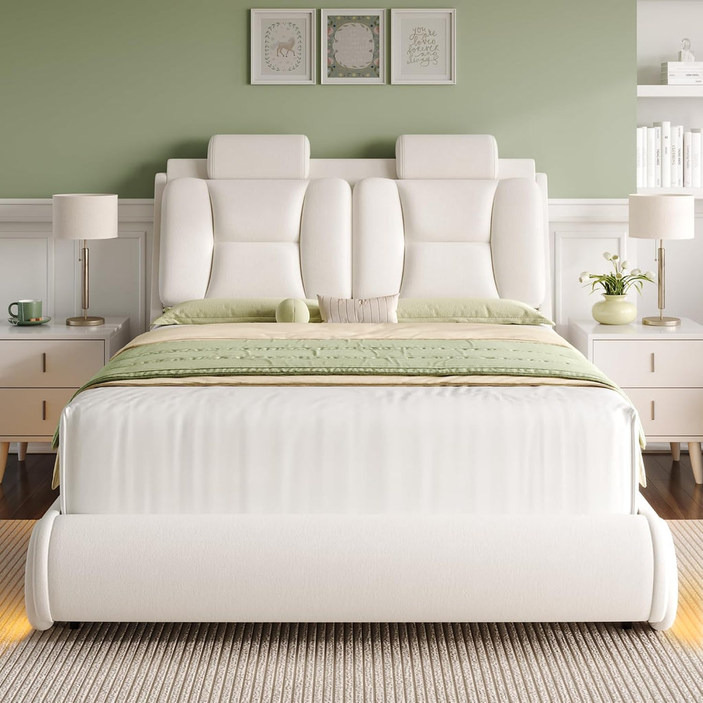 Keyluv Queen Led Car Bed Frame with Wheels Decor & Adjustable Curved Headboard Modern Upholstered Platform Bed with Detachable Pillows Solid Wooden Slats Support No Box Spring Needed, Velvet Beige