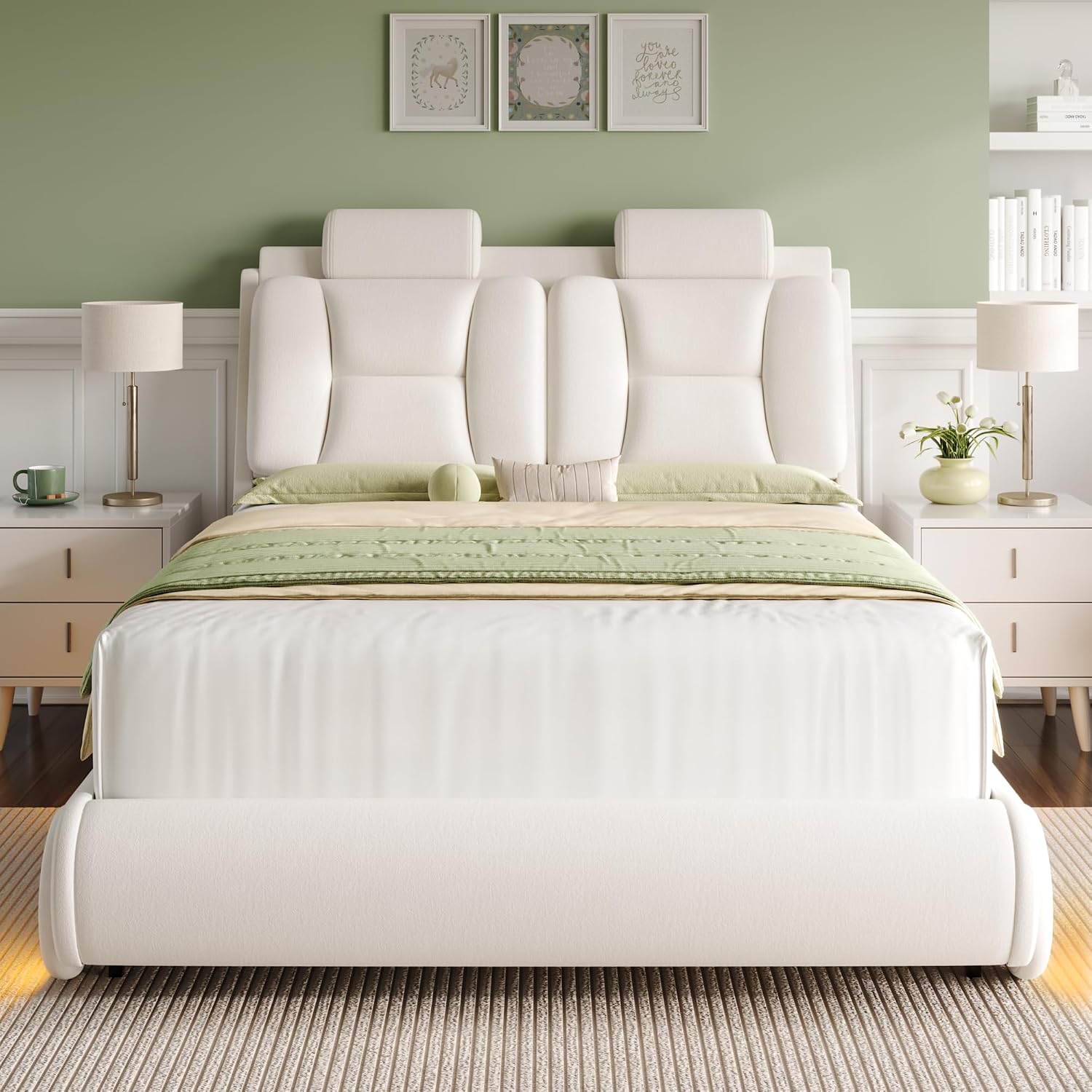 Keyluv Queen Led Car Bed Frame with Wheels Decor & Adjustable Curved Headboard Modern Upholstered Platform Bed with Detachable Pillows Solid Wooden Slats Support No Box Spring Needed, Velvet Beige