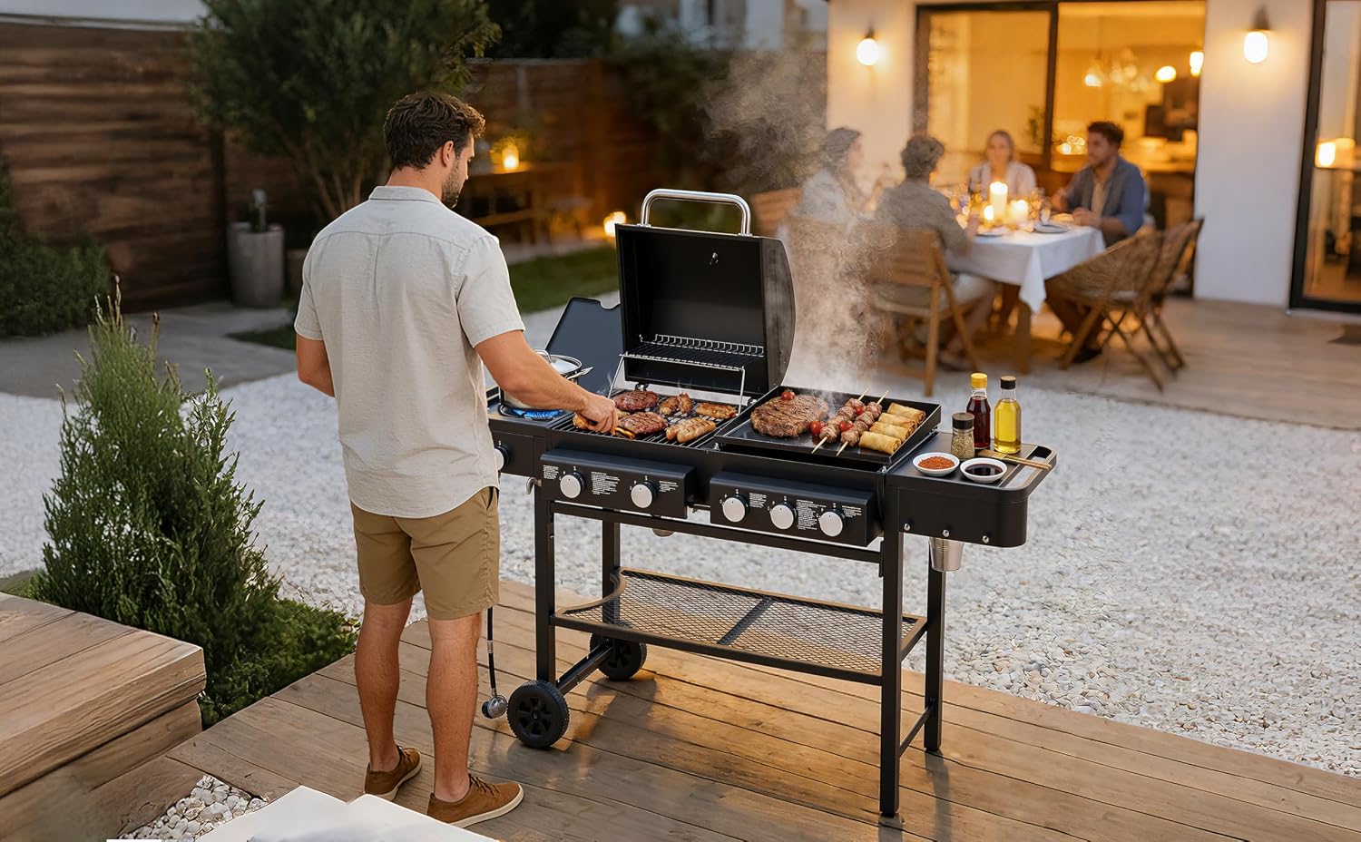 All in One Propane Gas Grill and Griddle Combo, 5 Burners 56000 BTU, 745 Sq.In Cooking Space, Side Burner, Storage Shelves, Wheeled Freestanding Outdoor Grill for Backyard and Patio Cooking