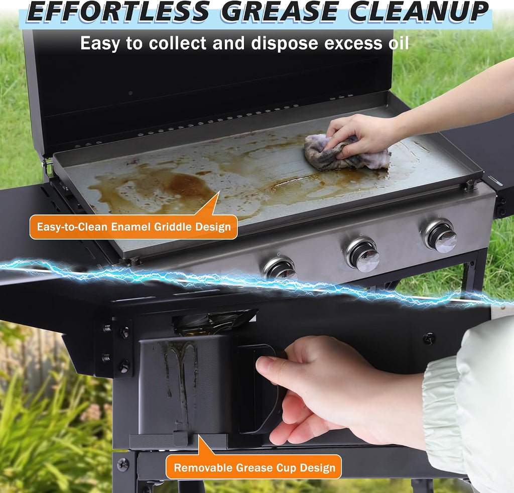 4-Burner Propane Griddle Grill with Removable Cart, 32,000 BTU Portable BBQ Gas Griddle with Iron Griddle Pan & Side Table, Spice Rack, Outdoor Flat Top Grills with Hooks for Backyard