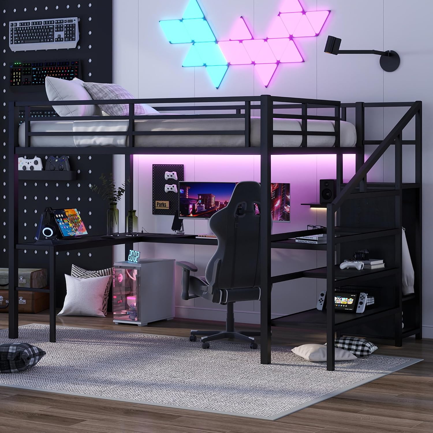 Bellemave Metal Queen Size Loft Bed with Desk and Storage Stairs,Heavy Duty Loft Bed Frame Queen Size with LED Lights,Wardrobe and Charging Station for Kids,Teens,Adults,Black