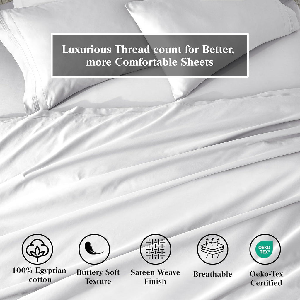 Superior Egyptian Cotton 4 Piece Sheet Set, 650 Thread Count, Modern Design, Sustainable Sheets, Ultra-Soft Basics, Solid, Deep Pocket Fitted Sheet, Flat Sheet, Pillowcases, King, White