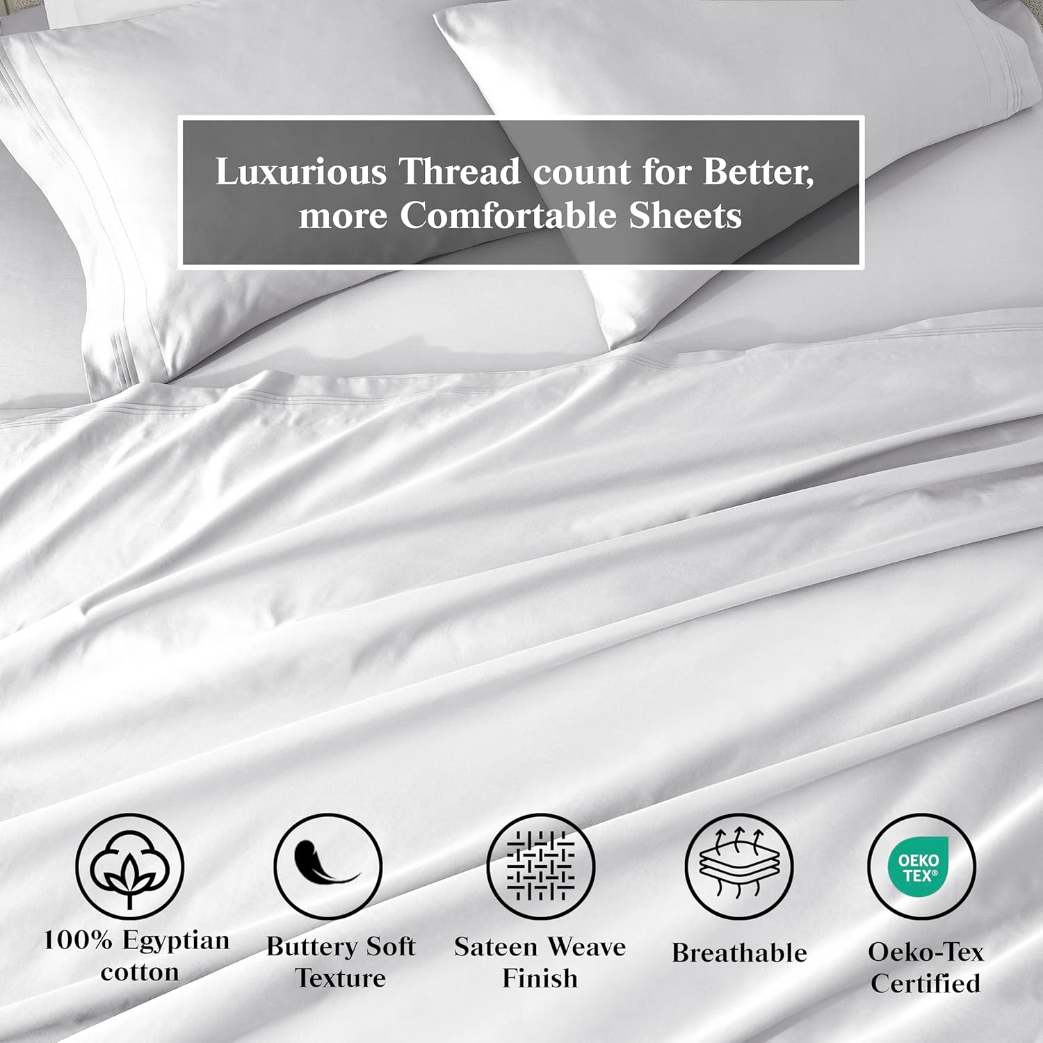 Superior Egyptian Cotton 4 Piece Sheet Set, 650 Thread Count, Modern Design, Sustainable Sheets, Ultra-Soft Basics, Solid, Deep Pocket Fitted Sheet, Flat Sheet, Pillowcases, King, White