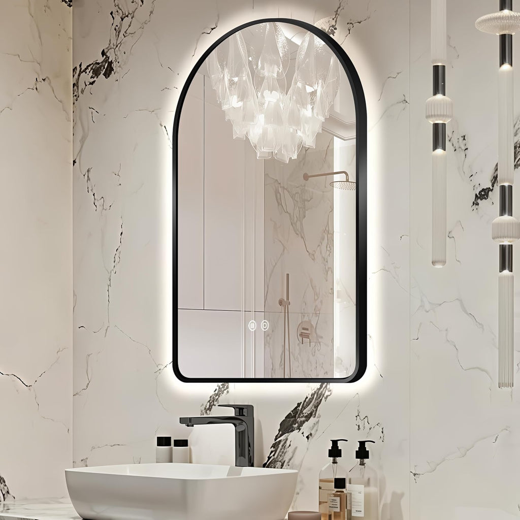 Arched LED Bathroom Mirror, 36'x24' Black Framed Arch Backlit Vanity Mirror with Lights, Anti-Fog, 3 Colors, Dimmable, Adjustable Brightness, Waterproof, UL Listed