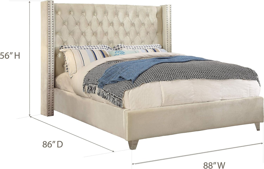 Meridian Furniture Aiden Collection AidenCream-K Modern | Contemporary Velvet Upholstered Bed with Deep Button Tufting, Solid Wood Frame, and Custom Chrome Legs, King, Cream, 88' W x 86' D x 56' H