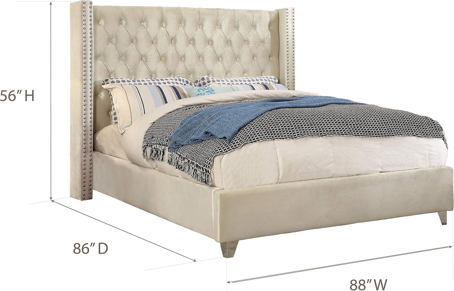 Meridian Furniture Aiden Collection AidenCream-K Modern | Contemporary Velvet Upholstered Bed with Deep Button Tufting, Solid Wood Frame, and Custom Chrome Legs, King, Cream, 88' W x 86' D x 56' H