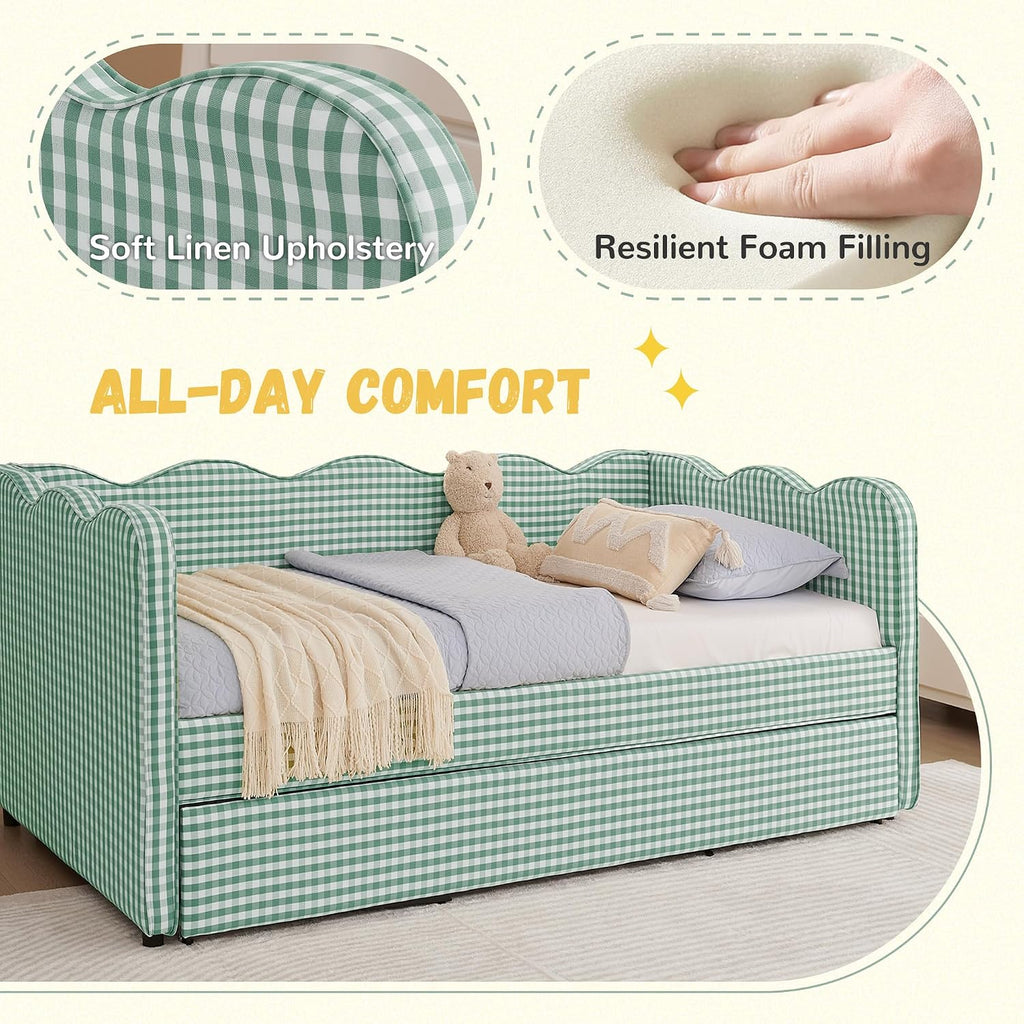 DEINPPA Twin Size Upholstered Daybed with Trundle, Gingham Daybed with USB Ports for Bedroom Living Room Guest Room-Cyan