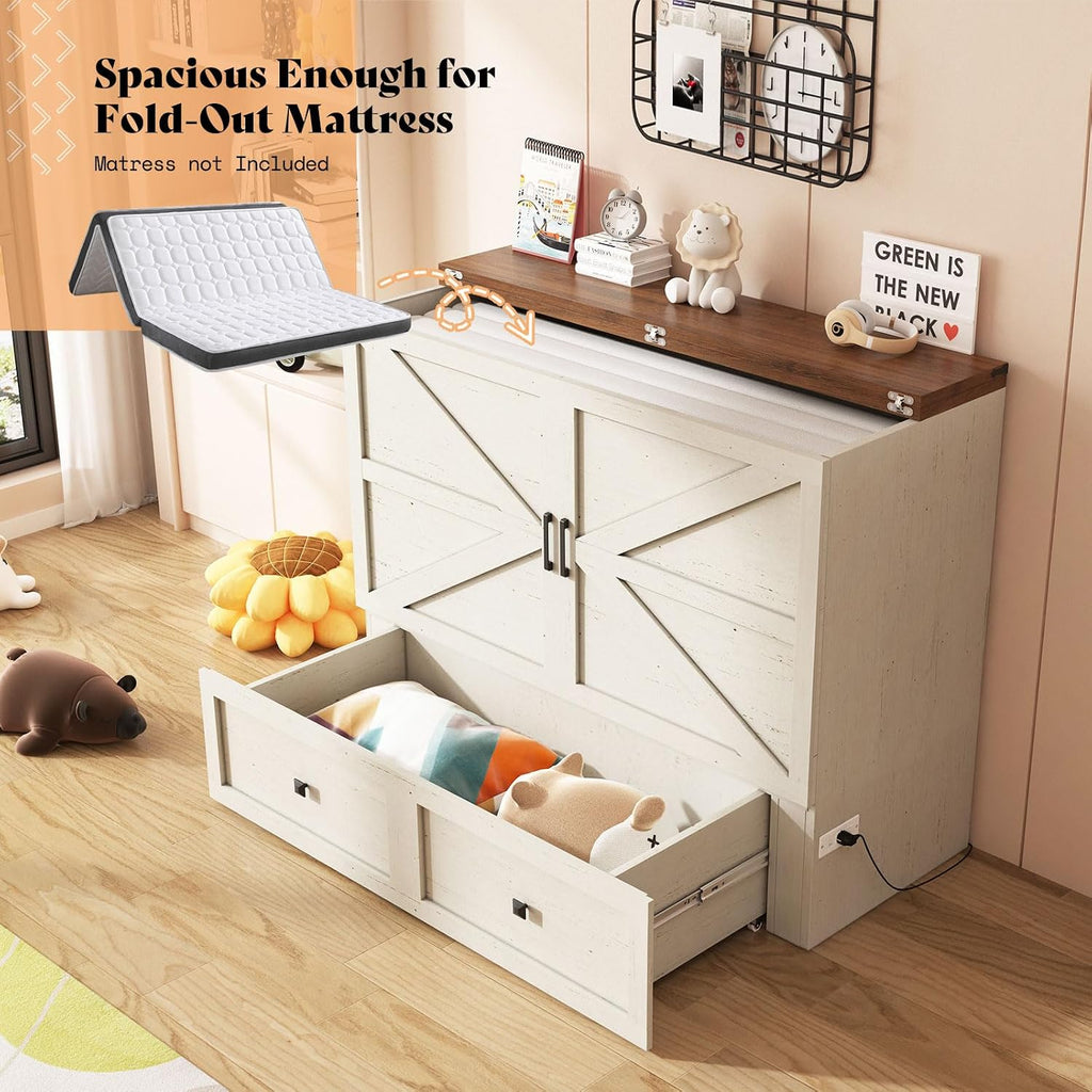 AMERLIFE Full Murphy Bed with Storage & Charging Station, Farmhouse Murphy Cabinet with Foldable Panel, Noisy Free, for Guest Bedroom, Living Room, Office, Distressed White