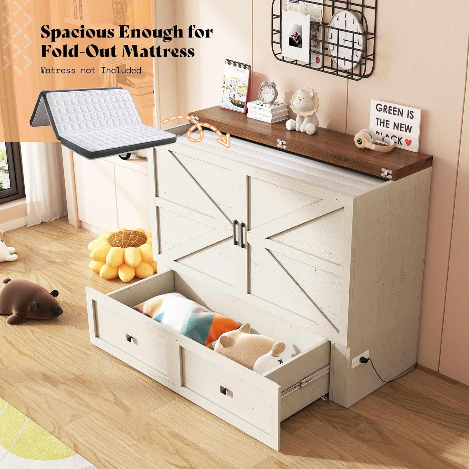 AMERLIFE Full Murphy Bed with Storage & Charging Station, Farmhouse Murphy Cabinet with Foldable Panel, Noisy Free, for Guest Bedroom, Living Room, Office, Distressed White