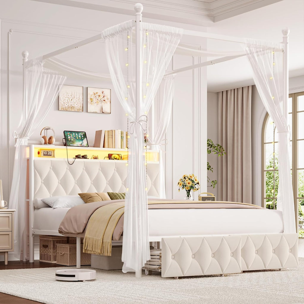HIFIT Full Size Upholstered LED Canopy Bed Frame with Storage and Charging Station, Button Tufted Storage Headboard with Bookshelf, Two-Use Metal Platform Bed with 4 Removable Posts & 2 Drawers, Biege