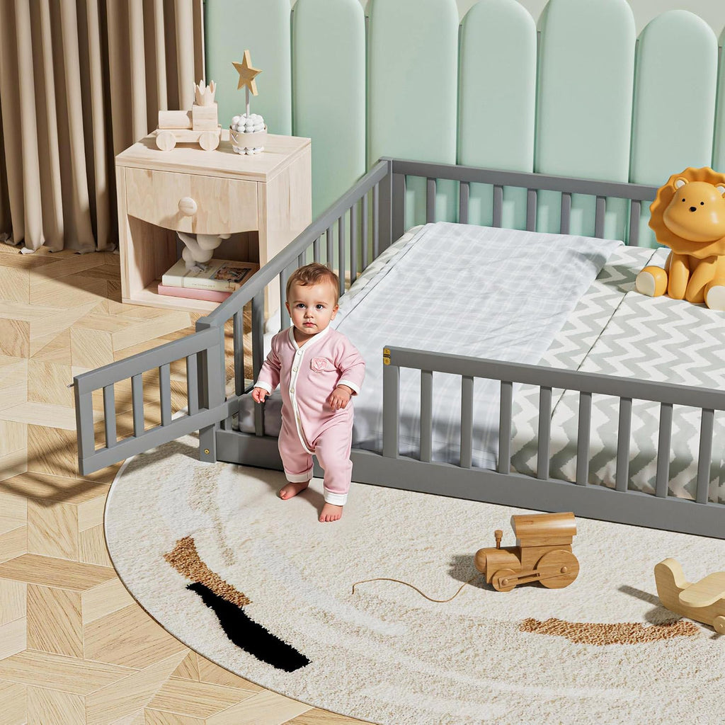 i-POOK Queen Floor Bed for Children, Sturdy Wood Montessori Bed Frame with Wood Slats, Fence & Door, Montessori Floor Bed for Girls and Boys, Gray