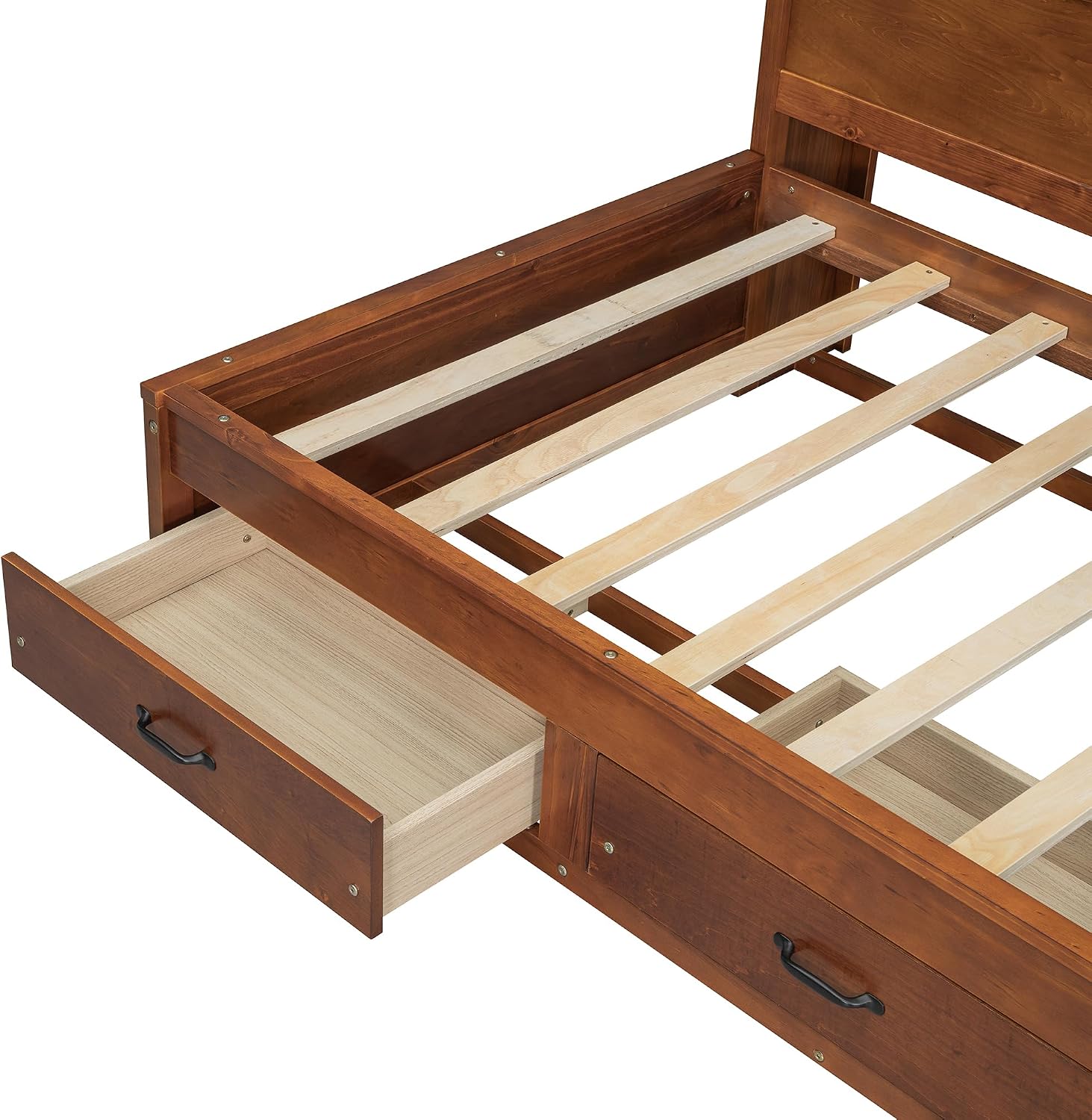 Wooden Daybed with 3 Storage Drawers, Upper Soft Board, Shelf, and a Set of Sockets and USB Ports, Multi-Functional Bed Frame for Bedroom, Twin Size, Walnut