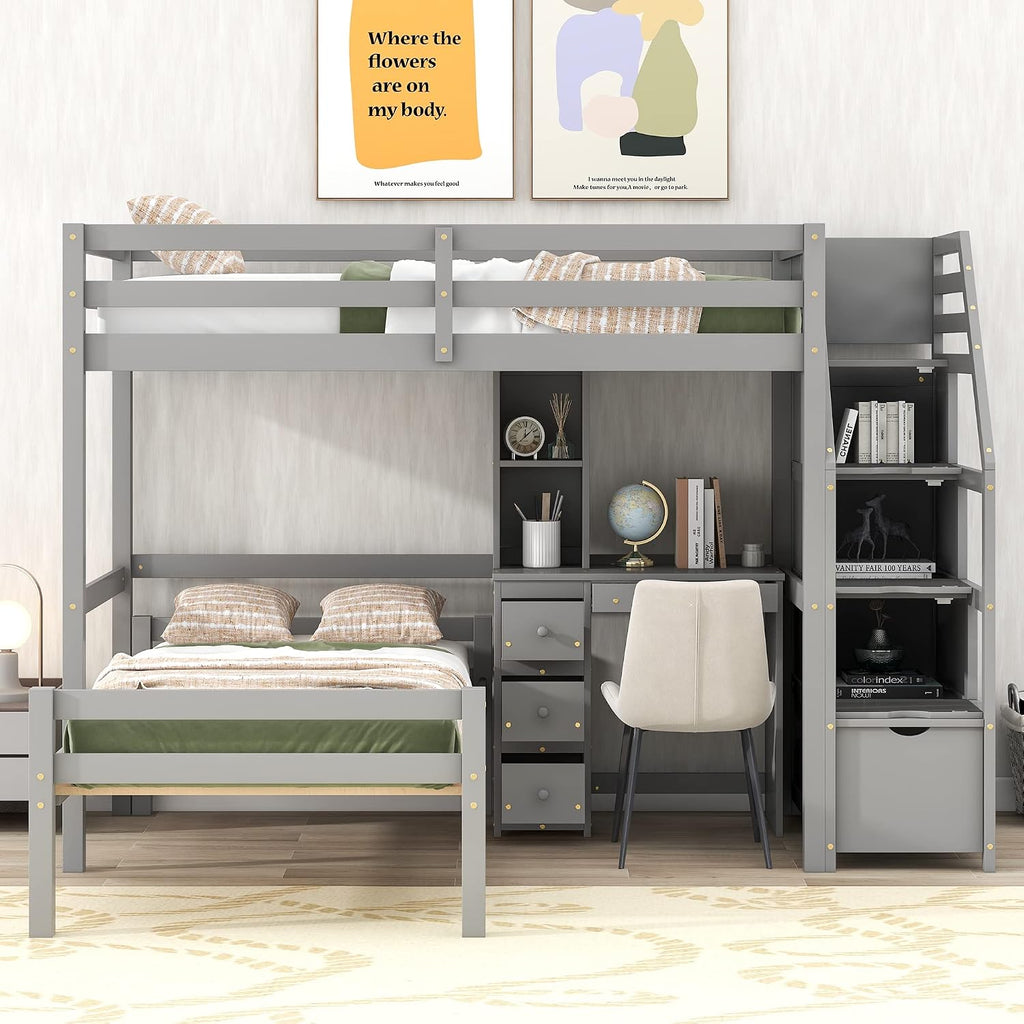 Harper & Bright Designs Twin Over Twin Bunk Bed with Desk, Heavy Duty Wood Loft Bedframe W/Shelves,Easy Assembly,Versatile Functional Bedroom Furniture Set for Boy Girl Teens,Gray