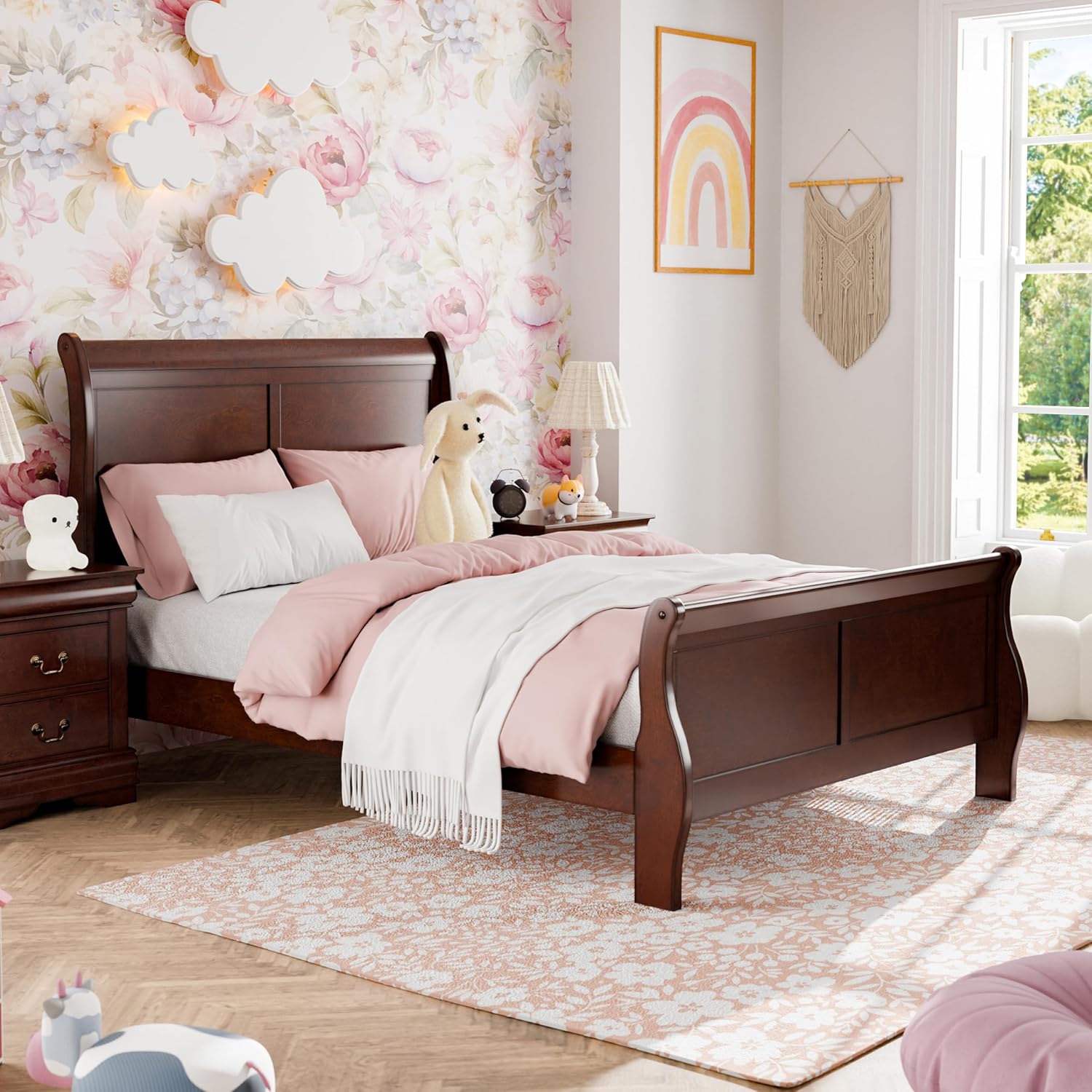 Furniture of America Louis Phillipe Traditional Wood Twin Bed Frame with Headboard and Footboard, Elegant Sleigh Design Bedframe for Bedroom, Guest Room, Easy Assembly, Box Spring Required, Cherry