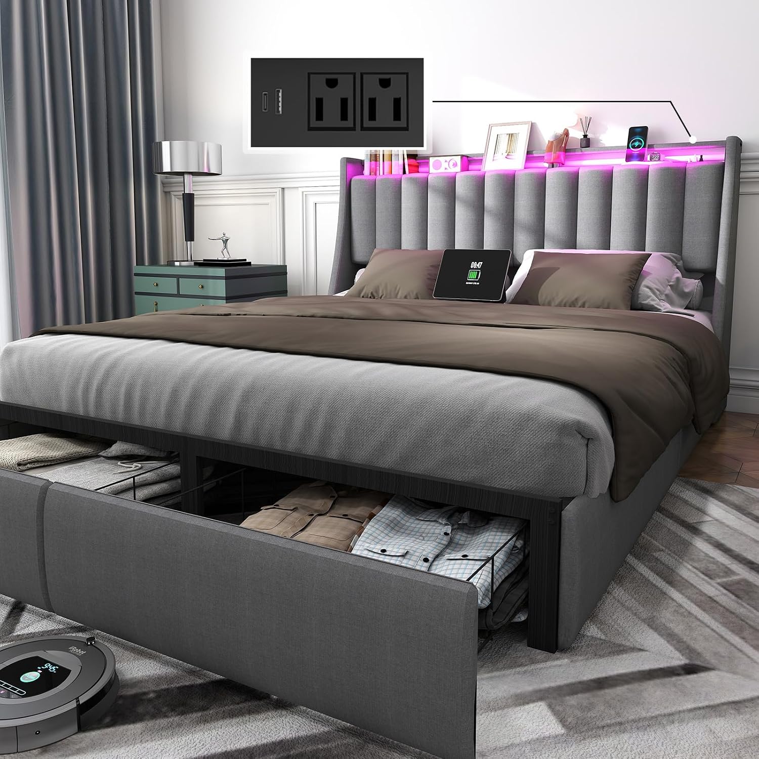 UINTAI Full Size Bed Frame with Headboard and 2 Storage Drawers, Platform Full Size Bed Upholstered with LED Lights and Charging Station, Steel Slat Support, No Box Spring Needed, Easy Assembly, Gray