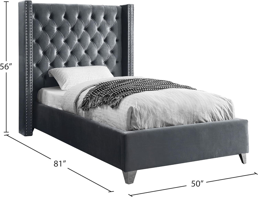 Meridian Furniture Aiden Collection Modern | Contemporary Velvet Upholstered Bed with Deep Button Tufting, Solid Wood Frame, and Custom Chrome Legs, Twin, Grey