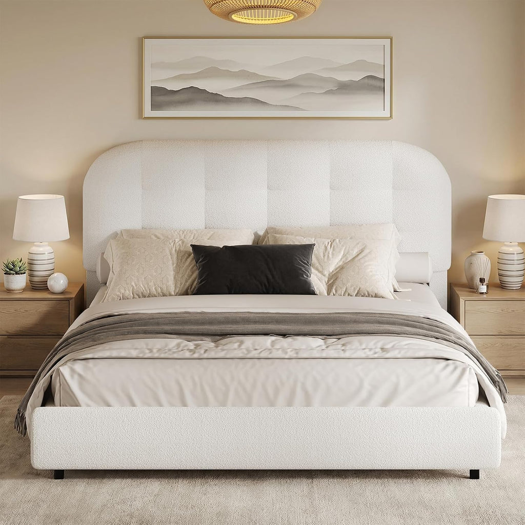 BarnFurin Queen Bed Frame, Boucle Upholstered Platform Bed with Headboard, Cloud Bed Frame, Soft Rounded Corners, No Box Spring Required, Easy Assembly, White