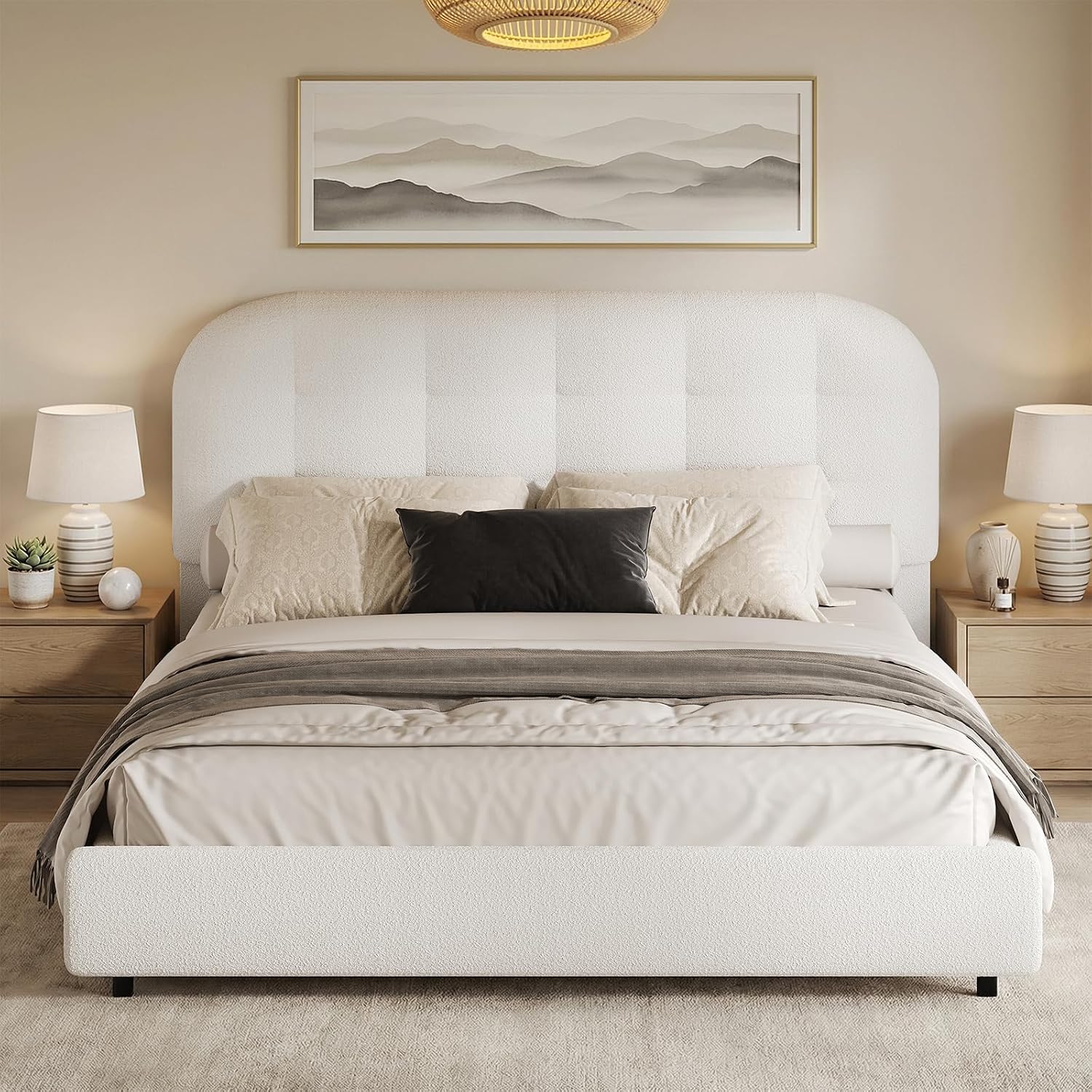 BarnFurin Queen Bed Frame, Boucle Upholstered Platform Bed with Headboard, Cloud Bed Frame, Soft Rounded Corners, No Box Spring Required, Easy Assembly, White