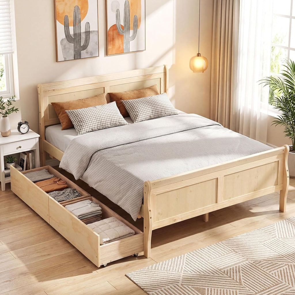 Giantex Full Bed Frame with 2 Storage Drawers, Wood Platform Bed with Headboard & Footboard, Wooden Slats Support Mattress Foundation, Sleigh Bedframe for Teens Adults, No Box Spring Needed (Natural)