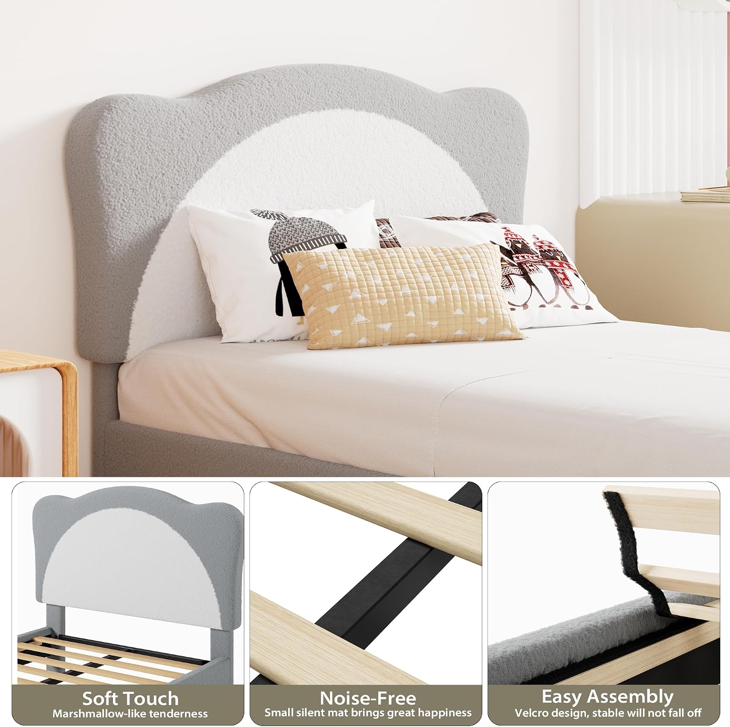GarveeHome Twin Size Bed Frame for Kids - Cute Velvet Princess Platform Bed with Upholstered Headboard for Girls/Boys, Solid Wood Slats Support, No Box Spring Needed, Gray + White