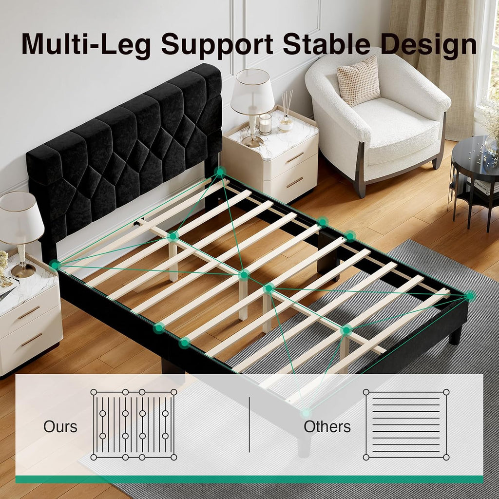 Novilla Full Size Bed Frame, Full Bed Frame with Headboard, Velvet Upholstered Pull-Point Headboard, No Box Spring Needed, Heavy Duty Feet, Easy Assembly, Black Velvet