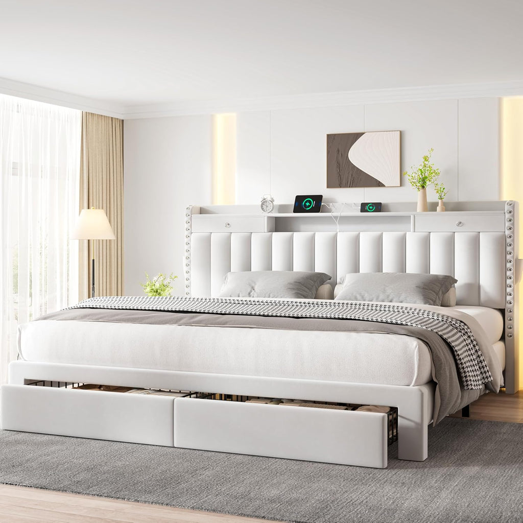 CypBed King Size Bed Frame with 4 Storage Drawers,Velvet Upholstered Platform King Bed Frame and Headboard, 3 USB & Type-C Charging Ports, Solid Wood Slats, No Box Spring Needed, No-Noise, White,Gifts
