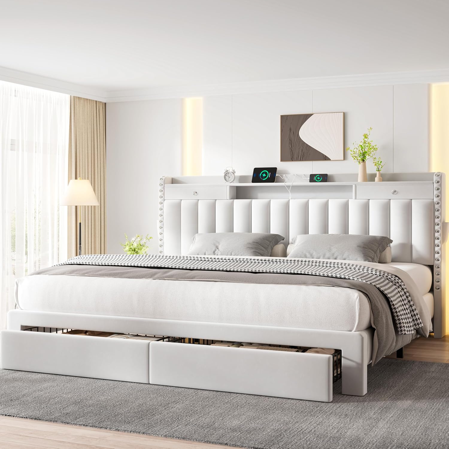 CypBed King Size Bed Frame with 4 Storage Drawers,Velvet Upholstered Platform King Bed Frame and Headboard, 3 USB & Type-C Charging Ports, Solid Wood Slats, No Box Spring Needed, No-Noise, White,Gifts