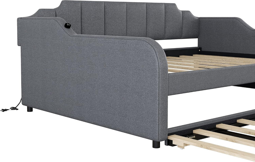 Daybed with Trundle and USB Charging Design, Full Size Upholstery Day Bed Frame, Trundle can be Flat or erected,Grey
