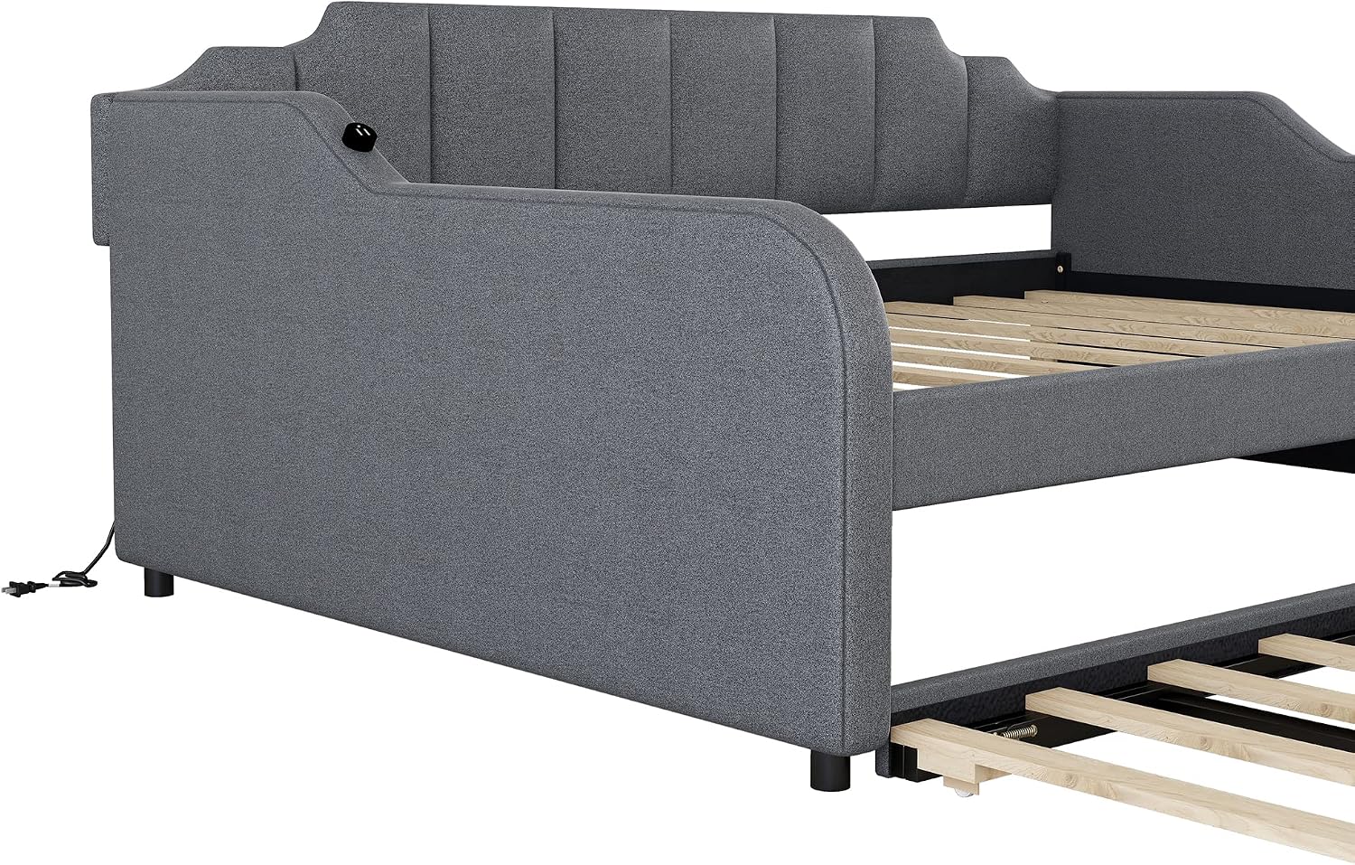 Daybed with Trundle and USB Charging Design, Full Size Upholstery Day Bed Frame, Trundle can be Flat or erected,Grey