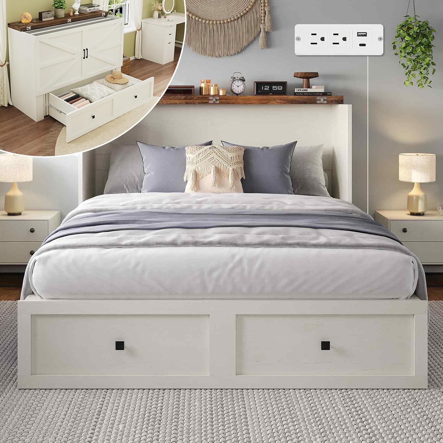 LUXOAK Murphy Bed with Charging Station, Queen Size Cabinet Bed with Large Storage Drawer for Home Office or Small Room, Hideaway Foldable Platform Bed, White