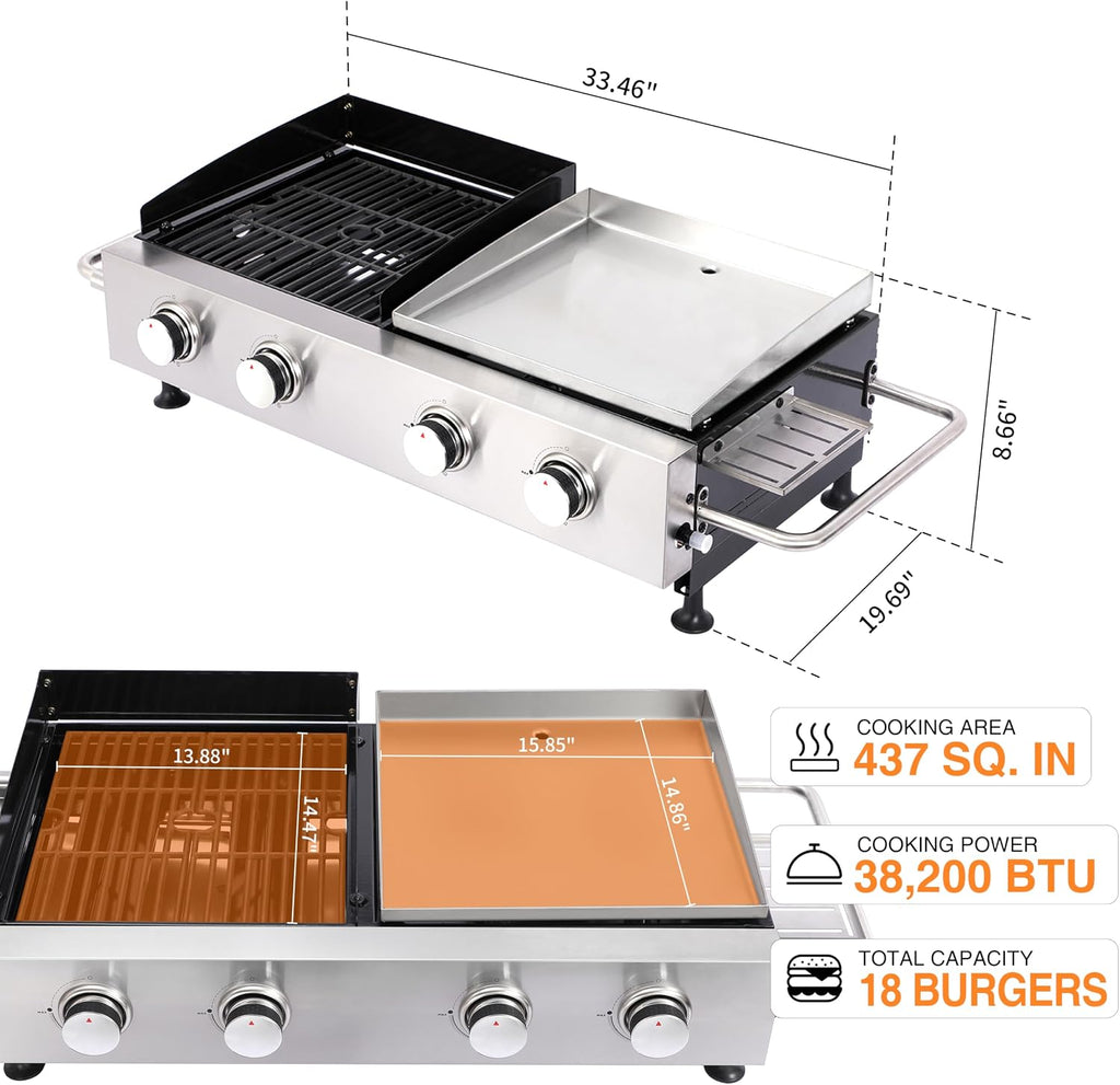 Propane Gas Griddle Grill Combo 2-in-1 – 4 Burner Flat Top Grill & Cast Iron Grate, Tabletop BBQ with Side Shelves, Stainless Steel Outdoor Cooker for Camping, Backyard, Patio, Tailgating